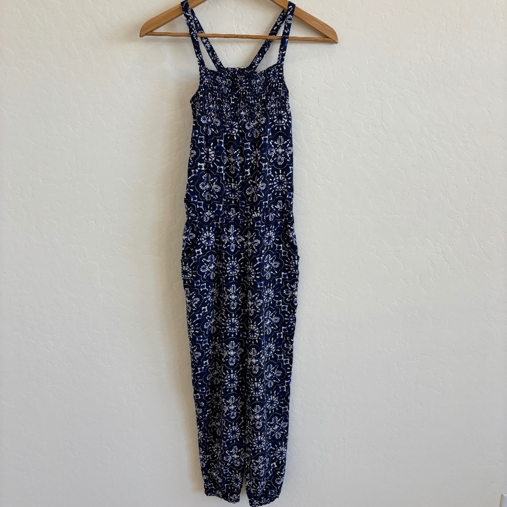 Boho  Girls Smocked Medallion Print Jumpsuit | Navy &White, Size 10-11 Y,